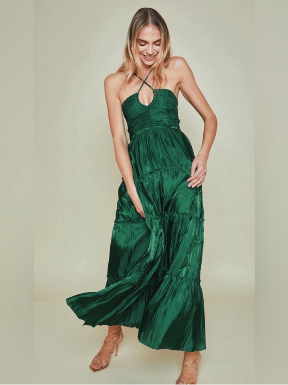 O. P. T. East Midi Dress Green Ruched Tie Front Halter Size Small - Picture 3 of 13